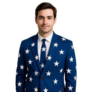 OppoSuits Mens Stars Print Navy Blue Blazer Jacket Size 42R Bold Style Patriotic